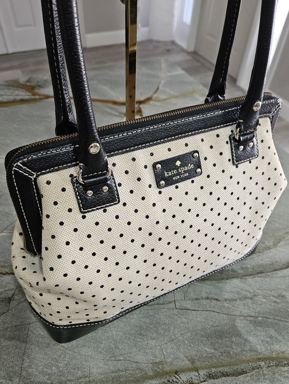 Kate Spade NY Black & White Polka Dot Canvas Satchel | Top Handle Bag-Large - Picture 11 of 17